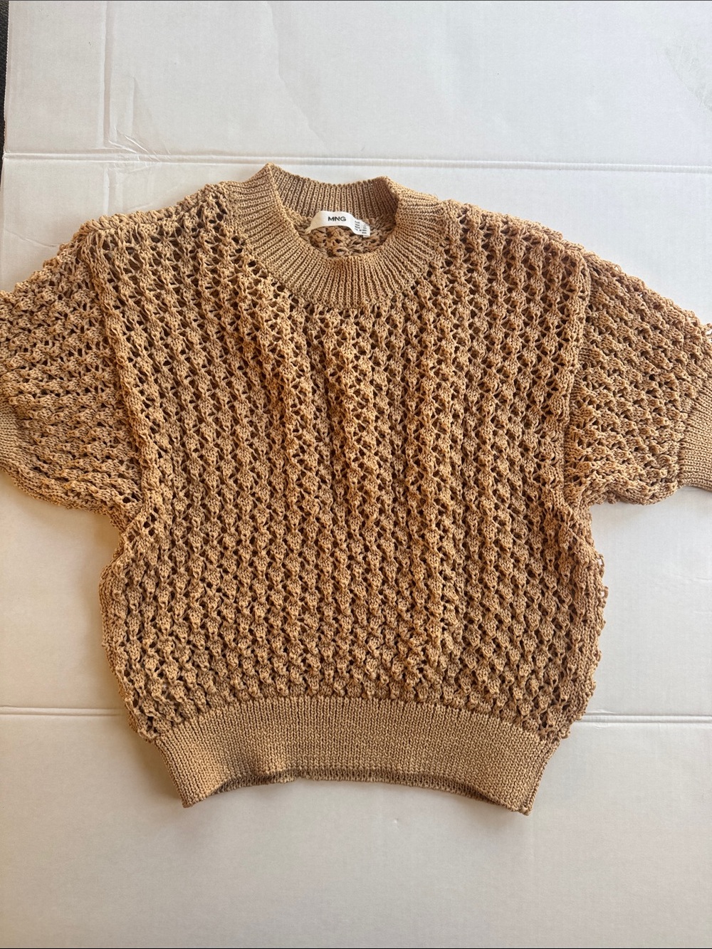 Mango Openwork Crochet Short Sleeve Sweater - Tan